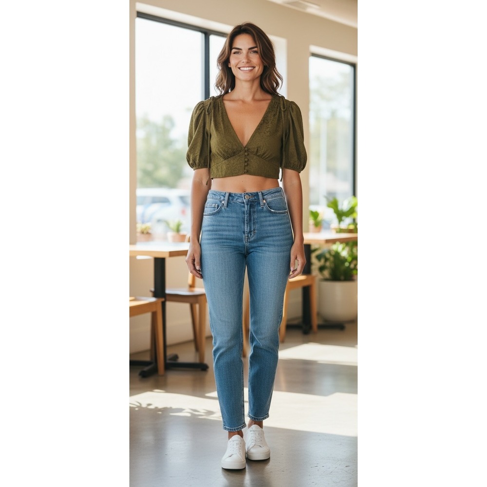 Zara Olive Green Floral Jacquard V-Neck Puff Sleeve Crop‎ Top Small